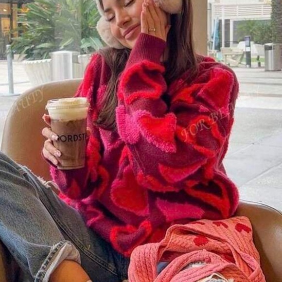 Luxe Heart Pattern Knit Sweater Top Red Pink - Picture 3 of 5